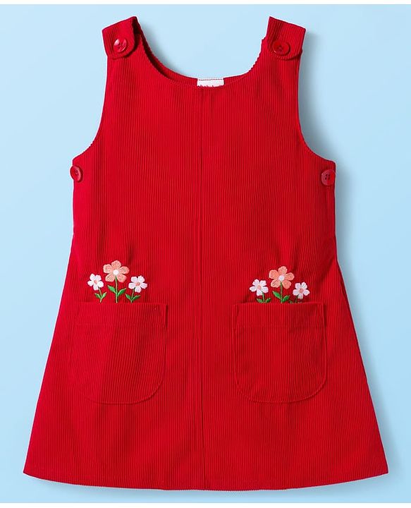 Babyhug Cotton Woven Frock with Full Sleeves Inner Tee Floral Print & Embroidery - Red & White