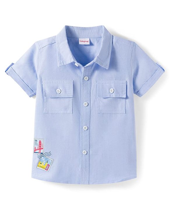 Babyhug Cotton Knit Half Sleeves Shirt with Stamp Print & Denim Shorts Set -  Blue