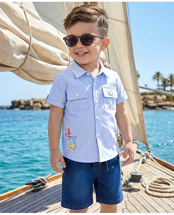 Babyhug Cotton Knit Half Sleeves Shirt with Stamp Print & Denim Shorts Set -  Blue