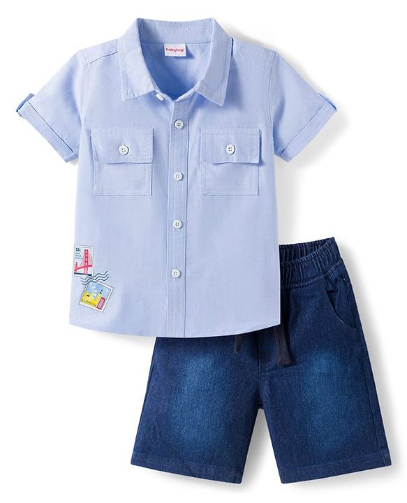 Babyhug Cotton Knit Half Sleeves Shirt with Stamp Print & Denim Shorts Set -  Blue