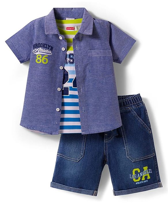 Babyhug Cotton Knit Half Sleeves Shirt & Denim Shorts Set With Printed Inner Tee - Blue