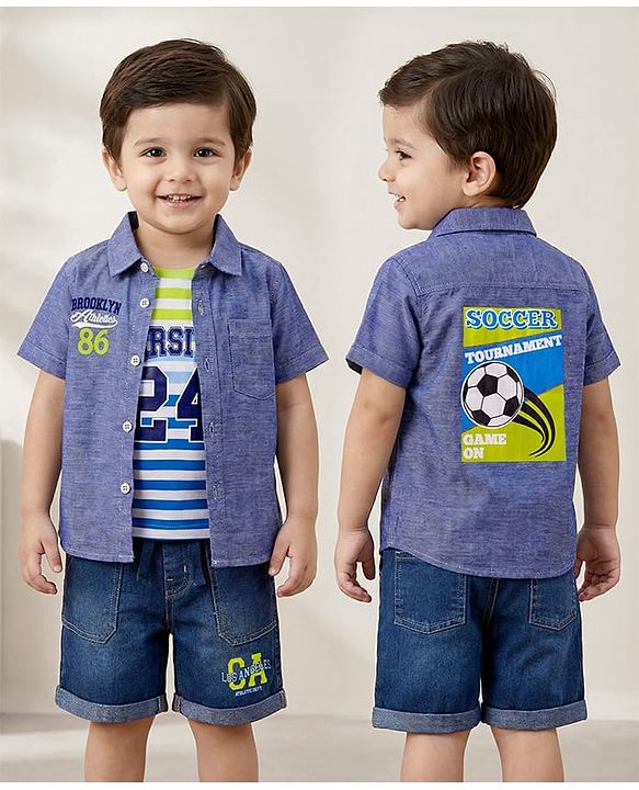 Babyhug Cotton Knit Half Sleeves Shirt & Denim Shorts Set With Printed Inner Tee - Blue