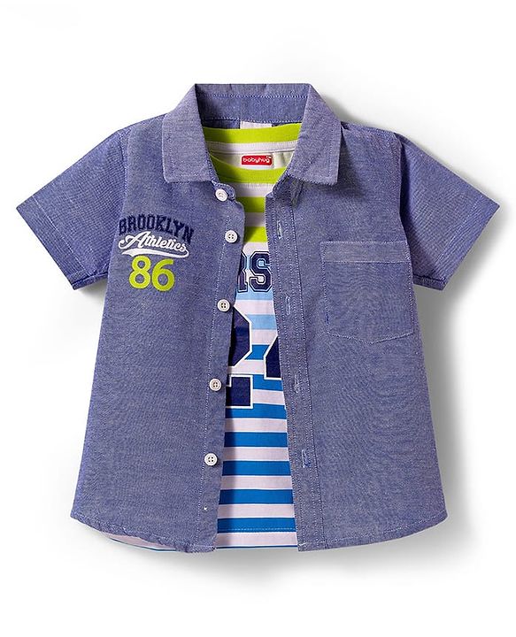Babyhug Cotton Knit Half Sleeves Shirt & Denim Shorts Set With Printed Inner Tee - Blue