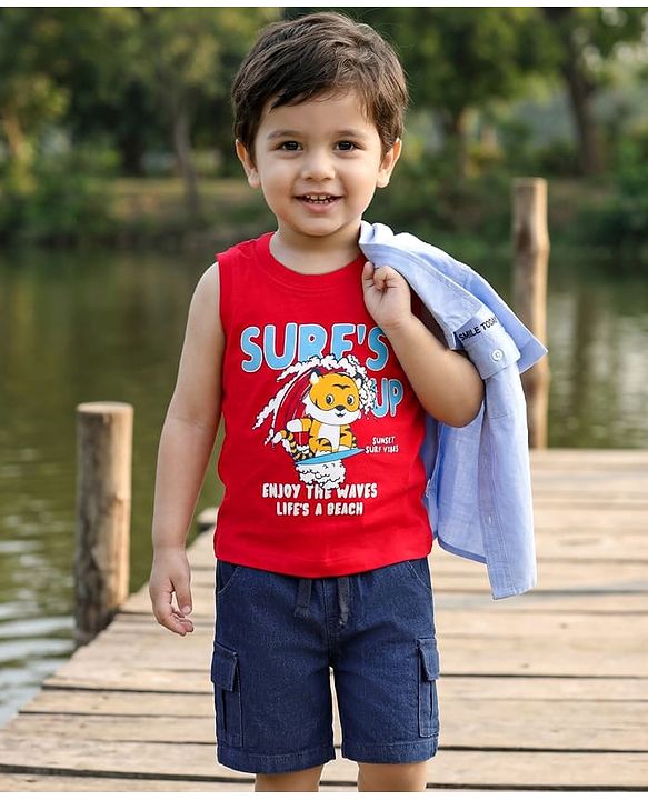 Babyhug Cotton Knit Half Sleeves & Shorts Set With Tiger Printed Tank T-Shirt - Blue & Red