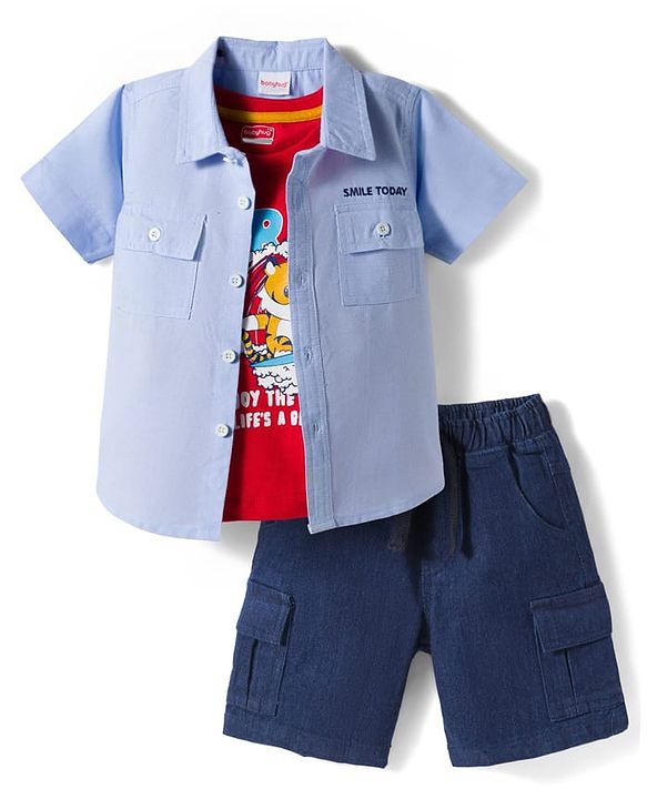 Babyhug Cotton Knit Half Sleeves & Shorts Set With Tiger Printed Tank T-Shirt - Blue & Red