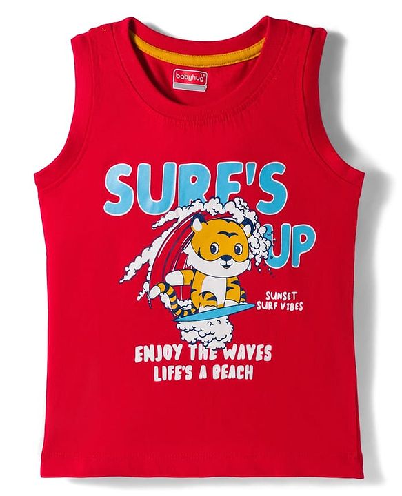 Babyhug Cotton Knit Half Sleeves & Shorts Set With Tiger Printed Tank T-Shirt - Blue & Red