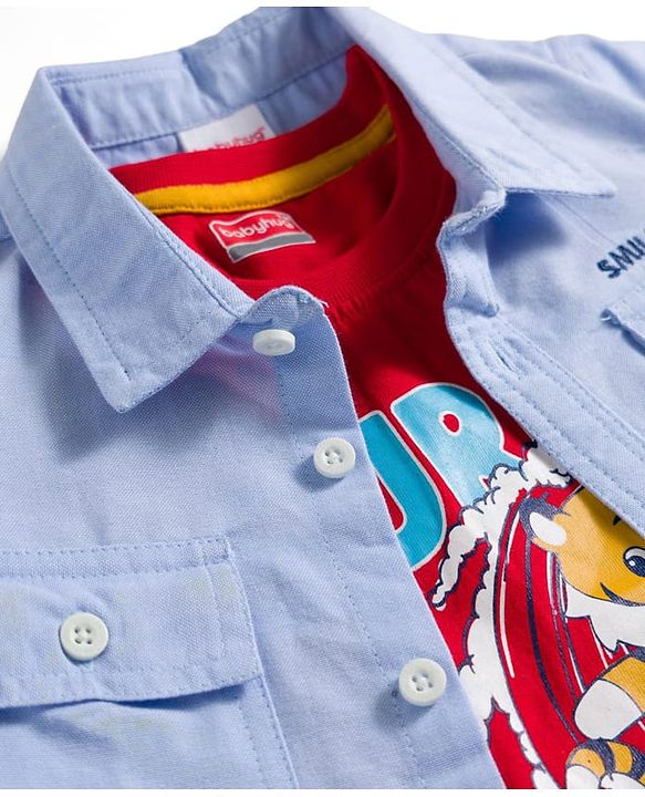 Babyhug Cotton Knit Half Sleeves & Shorts Set With Tiger Printed Tank T-Shirt - Blue & Red