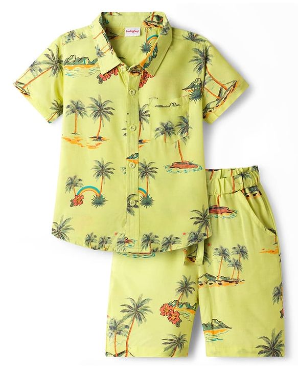 Babyhug Rayon Woven Half Sleeves Palm Tree Printed Shirt & Shorts Set - Light Green