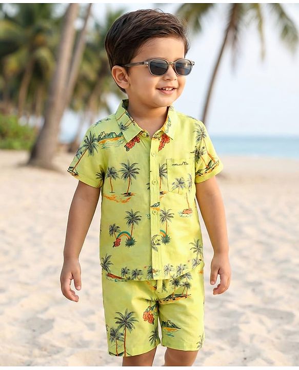Babyhug Rayon Woven Half Sleeves Palm Tree Printed Shirt & Shorts Set - Light Green