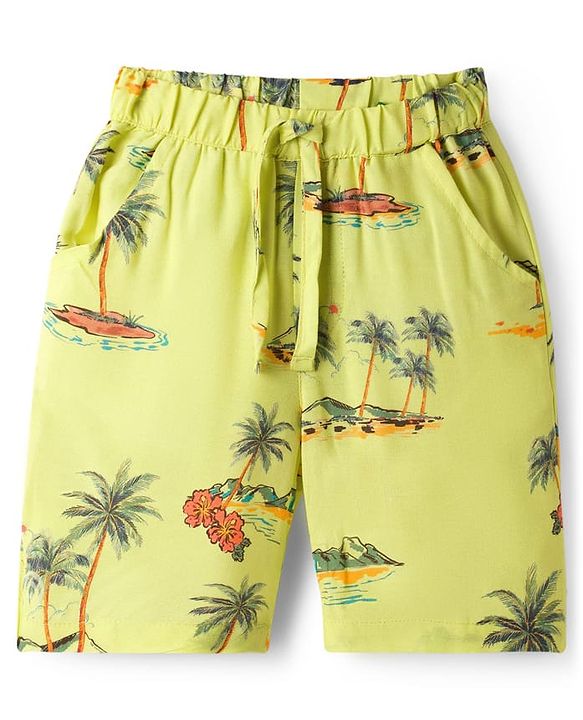 Babyhug Rayon Woven Half Sleeves Palm Tree Printed Shirt & Shorts Set - Light Green