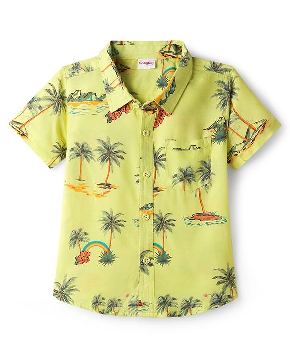 Babyhug Rayon Woven Half Sleeves Palm Tree Printed Shirt & Shorts Set - Light Green