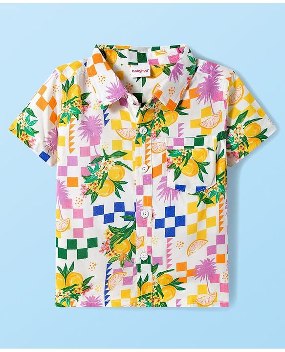 Babyhug Rayon Woven Half Sleeves Shirt & Shorts Co-ord Set With Tropical Print - White