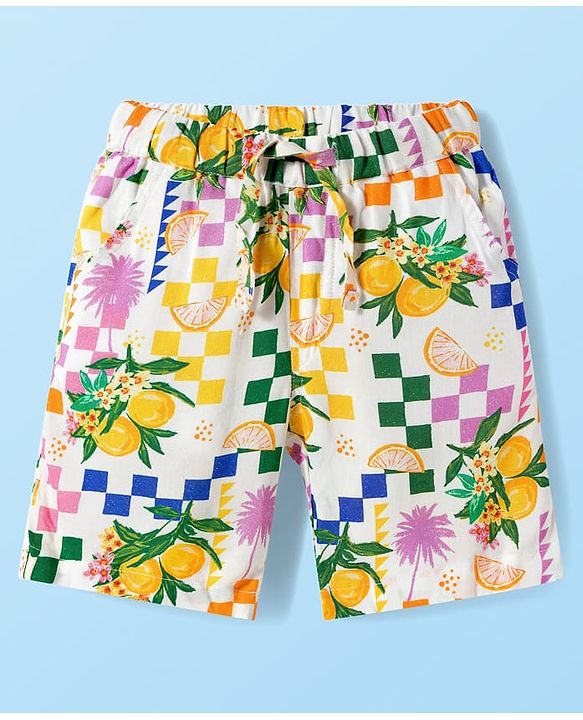 Babyhug Rayon Woven Half Sleeves Shirt & Shorts Co-ord Set With Tropical Print - White