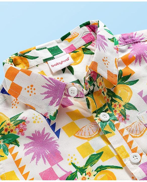 Babyhug Rayon Woven Half Sleeves Shirt & Shorts Co-ord Set With Tropical Print - White