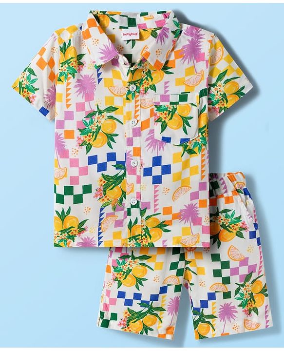 Babyhug Rayon Woven Half Sleeves Shirt & Shorts Co-ord Set With Tropical Print - White