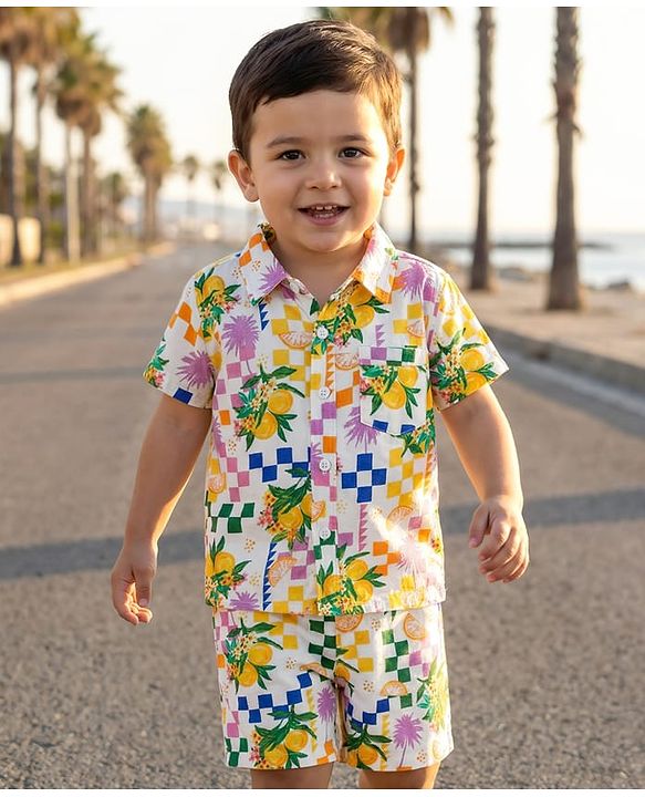 Babyhug Rayon Woven Half Sleeves Shirt & Shorts Co-ord Set With Tropical Print - White