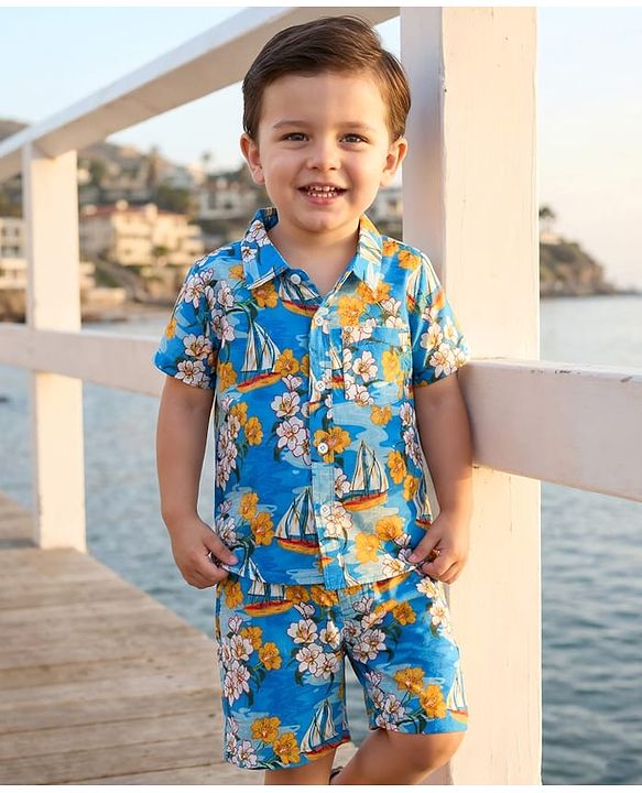 Babyhug Rayon Woven Half Sleeves Floral Printed Shirt & Shorts Set - Blue