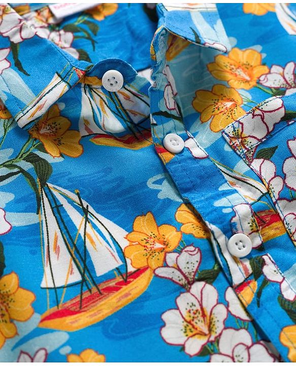 Babyhug Rayon Woven Half Sleeves Floral Printed Shirt & Shorts Set - Blue