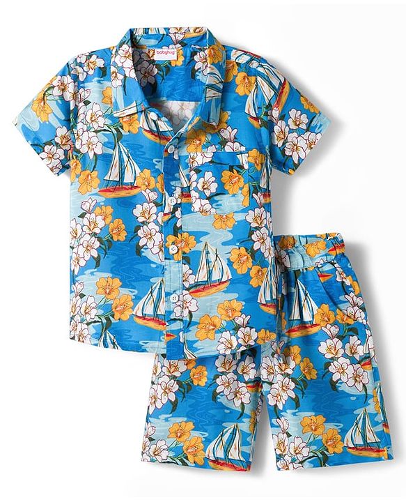Babyhug Rayon Woven Half Sleeves Floral Printed Shirt & Shorts Set - Blue