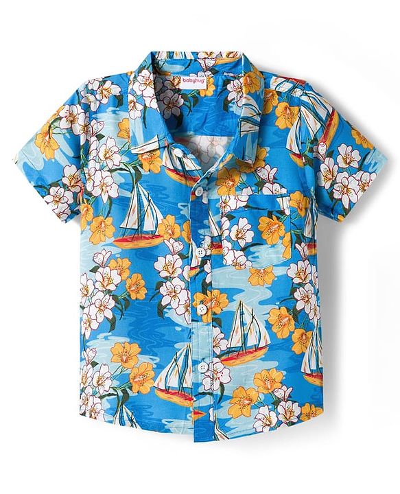 Babyhug Rayon Woven Half Sleeves Floral Printed Shirt & Shorts Set - Blue