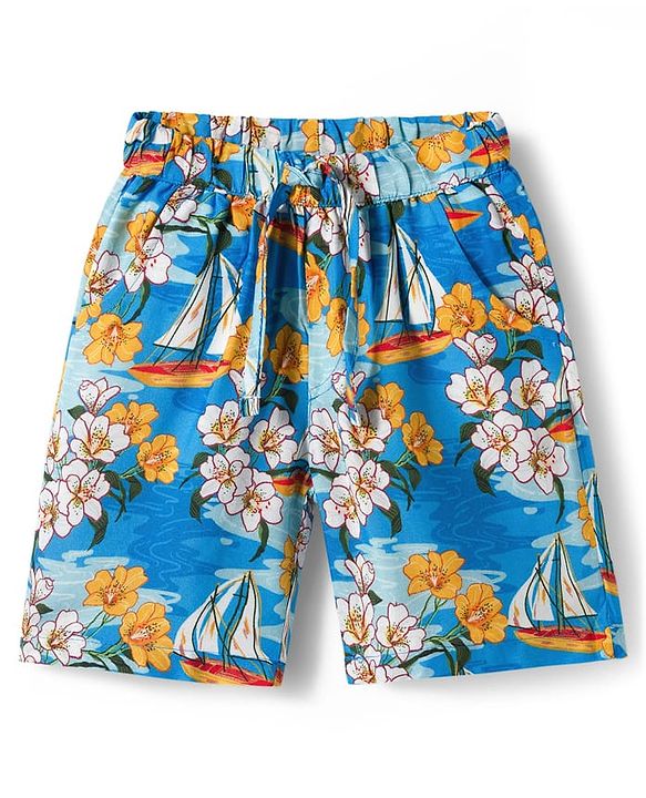 Babyhug Rayon Woven Half Sleeves Floral Printed Shirt & Shorts Set - Blue