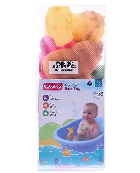 Babyhug Squeeze Bath Toy - Pack Of 6| Jungle Adventure Set With Giraffe, Hippo, Rhino, Bear, Monkey & Lion Characters| Perfect Gifting Toy| Non Toxic| BIS Certified