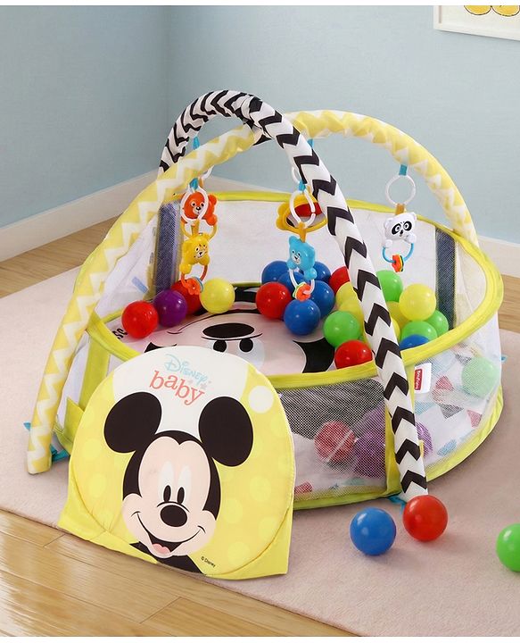 Babyhug Disney Baby 3-in-1 Play Gym with Ball Pit, Hanging Toys & Mickey Storage Pocket| 30 Colorful Balls| Flexible Arches| Foldable Mesh Arena| Sensory & Motor Skill Development| BIS Certified