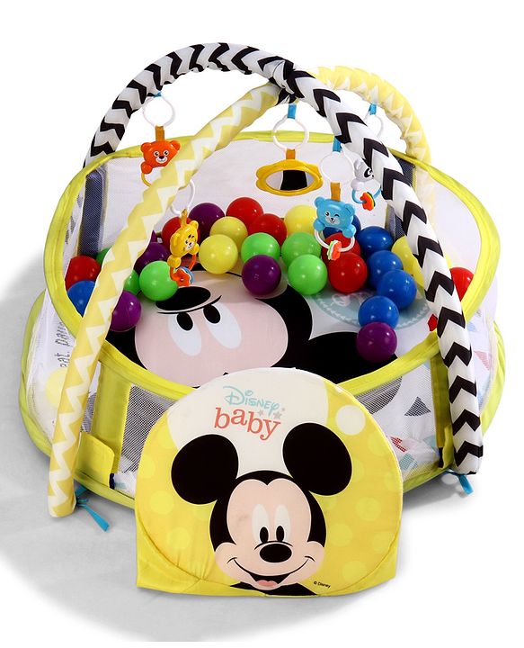 Babyhug Disney Baby 3-in-1 Play Gym with Ball Pit, Hanging Toys & Mickey Storage Pocket| 30 Colorful Balls| Flexible Arches| Foldable Mesh Arena| Sensory & Motor Skill Development| BIS Certified