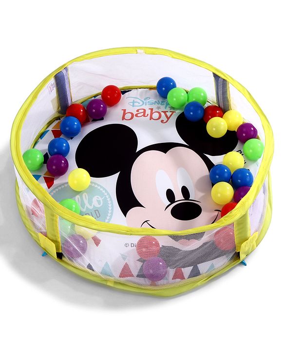 Babyhug Disney Baby 3-in-1 Play Gym with Ball Pit, Hanging Toys & Mickey Storage Pocket| 30 Colorful Balls| Flexible Arches| Foldable Mesh Arena| Sensory & Motor Skill Development| BIS Certified