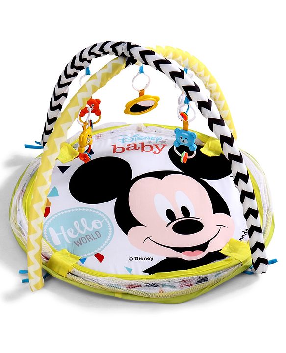 Babyhug Disney Baby 3-in-1 Play Gym with Ball Pit, Hanging Toys & Mickey Storage Pocket| 30 Colorful Balls| Flexible Arches| Foldable Mesh Arena| Sensory & Motor Skill Development| BIS Certified
