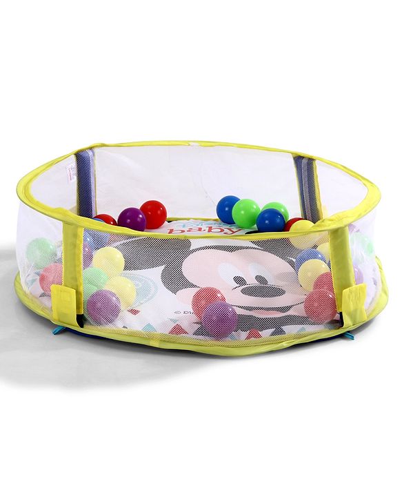 Babyhug Disney Baby 3-in-1 Play Gym with Ball Pit, Hanging Toys & Mickey Storage Pocket| 30 Colorful Balls| Flexible Arches| Foldable Mesh Arena| Sensory & Motor Skill Development| BIS Certified