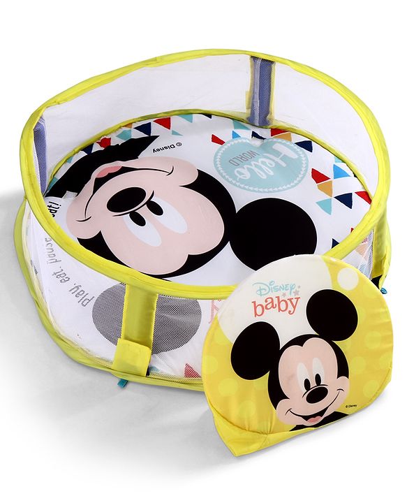 Babyhug Disney Baby 3-in-1 Play Gym with Ball Pit, Hanging Toys & Mickey Storage Pocket| 30 Colorful Balls| Flexible Arches| Foldable Mesh Arena| Sensory & Motor Skill Development| BIS Certified