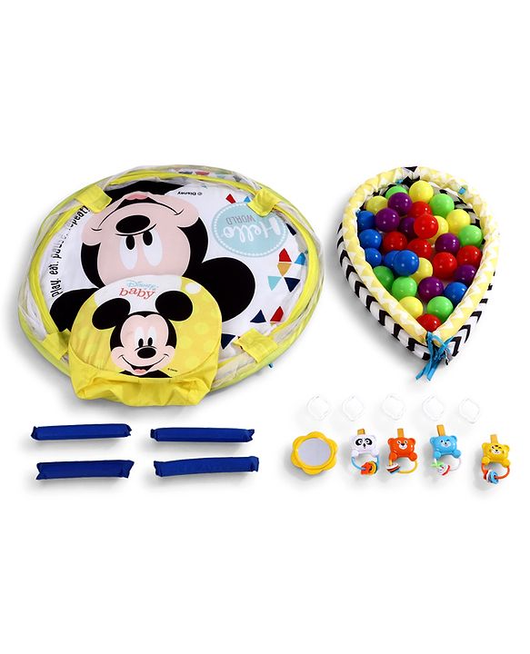 Babyhug Disney Baby 3-in-1 Play Gym with Ball Pit, Hanging Toys & Mickey Storage Pocket| 30 Colorful Balls| Flexible Arches| Foldable Mesh Arena| Sensory & Motor Skill Development| BIS Certified