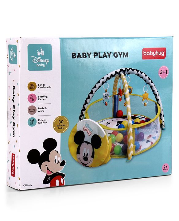 Babyhug Disney Baby 3-in-1 Play Gym with Ball Pit, Hanging Toys & Mickey Storage Pocket| 30 Colorful Balls| Flexible Arches| Foldable Mesh Arena| Sensory & Motor Skill Development| BIS Certified