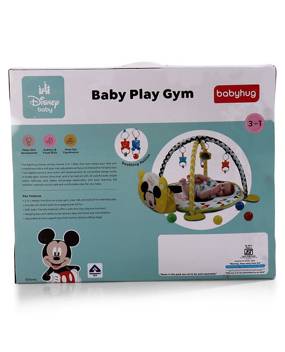 Babyhug Disney Baby 3-in-1 Play Gym with Ball Pit, Hanging Toys & Mickey Storage Pocket| 30 Colorful Balls| Flexible Arches| Foldable Mesh Arena| Sensory & Motor Skill Development| BIS Certified