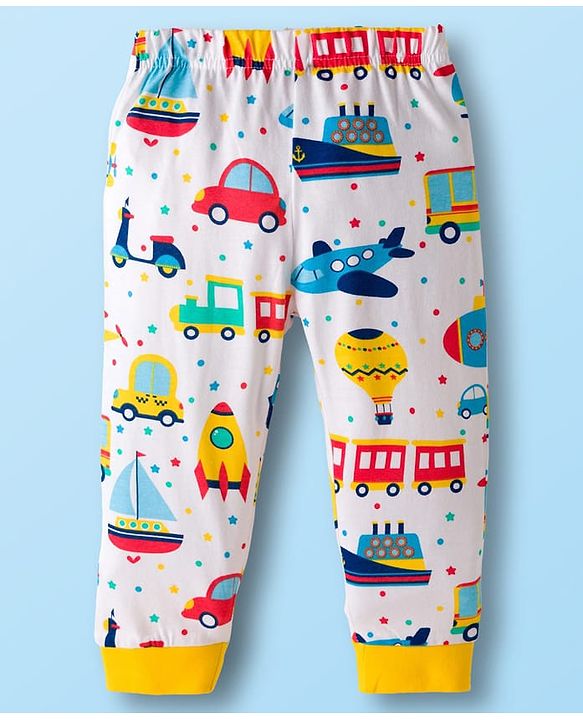 Babyhug Cotton Knit Full Sleeves Co-ords T-Shirt Style & Jogger Set With Vehicle Print - White