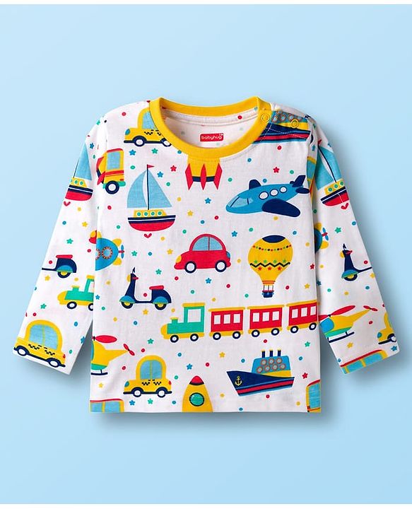 Babyhug Cotton Knit Full Sleeves Co-ords T-Shirt Style & Jogger Set With Vehicle Print - White