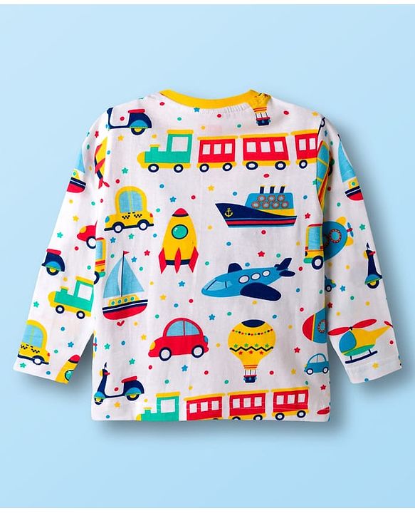 Babyhug Cotton Knit Full Sleeves Co-ords T-Shirt Style & Jogger Set With Vehicle Print - White
