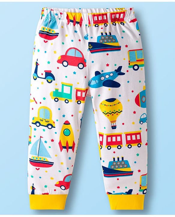 Babyhug Cotton Knit Full Sleeves Co-ords T-Shirt Style & Jogger Set With Vehicle Print - White
