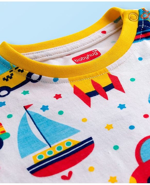 Babyhug Cotton Knit Full Sleeves Co-ords T-Shirt Style & Jogger Set With Vehicle Print - White