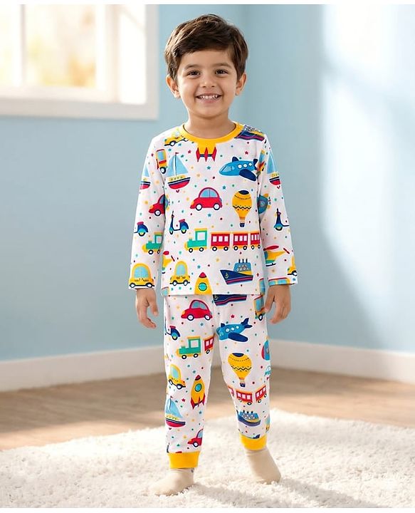 Babyhug Cotton Knit Full Sleeves Co-ords T-Shirt Style & Jogger Set With Vehicle Print - White