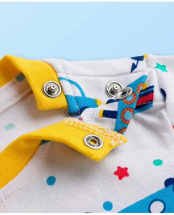 Babyhug Cotton Knit Full Sleeves Co-ords T-Shirt Style & Jogger Set With Vehicle Print - White