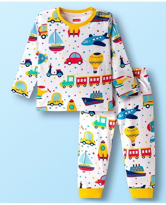 Babyhug Cotton Knit Full Sleeves Co-ords T-Shirt Style & Jogger Set With Vehicle Print - White