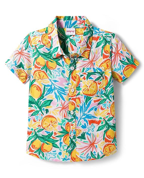 Babyhug Rayon Woven Half Sleeves Shirt & Denim Shorts Set With Tropical Print - Multicolor
