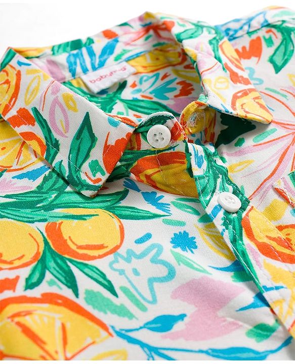 Babyhug Rayon Woven Half Sleeves Shirt & Denim Shorts Set With Tropical Print - Multicolor