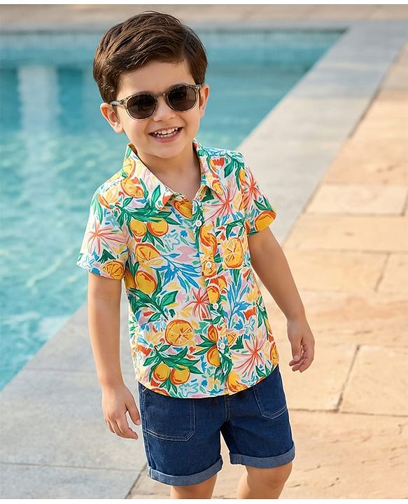 Babyhug Rayon Woven Half Sleeves Shirt & Denim Shorts Set With Tropical Print - Multicolor