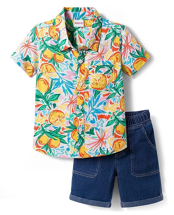 Babyhug Rayon Woven Half Sleeves Shirt & Denim Shorts Set With Tropical Print - Multicolor