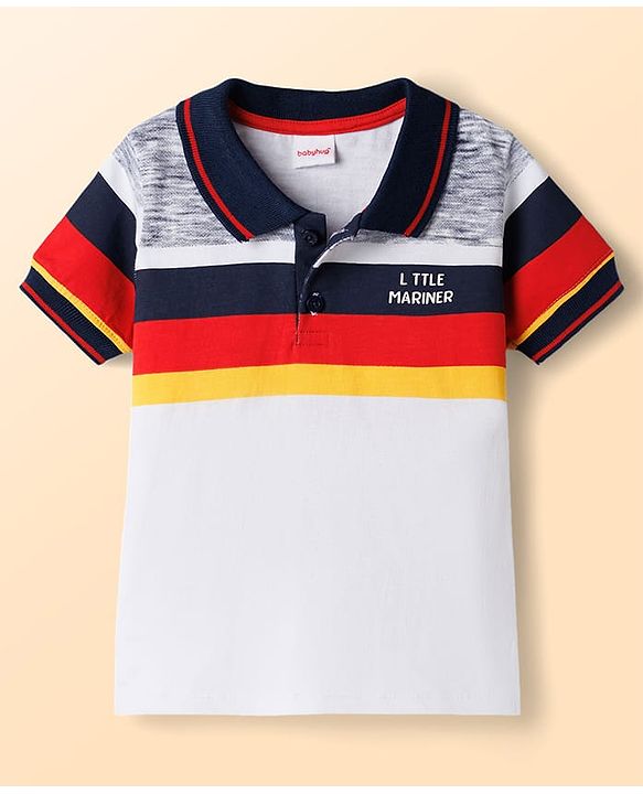Babyhug Single Jersey Knit Half Sleeves Cut & Sew Polo T-Shirt & Denim Shorts Set with Nautical Theme Embroidery - Blue