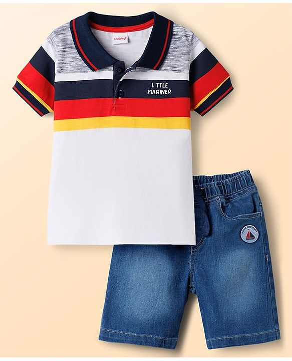 Babyhug Single Jersey Knit Half Sleeves Cut & Sew Polo T-Shirt & Denim Shorts Set with Nautical Theme Embroidery - Blue