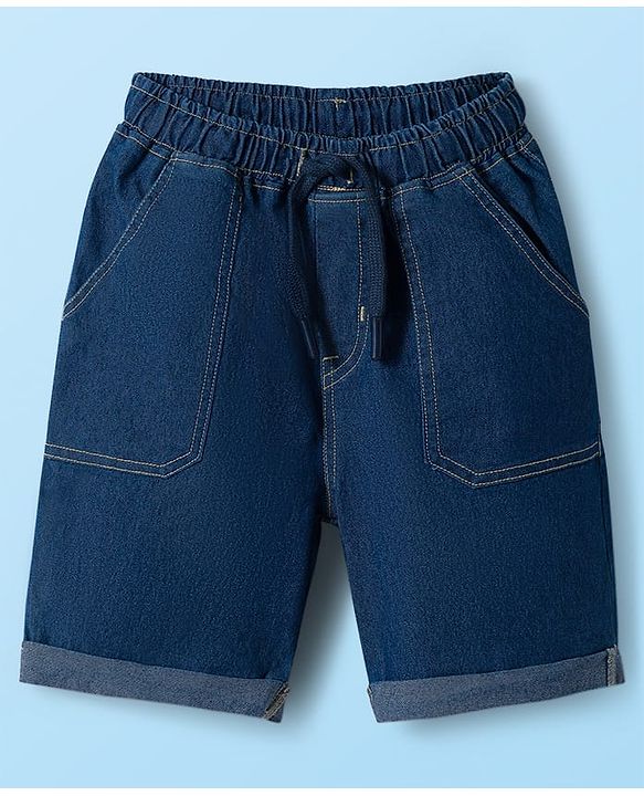 Babyhug Single Jersey Knit Half Sleeves T-Shirt & Denim Shorts Set with Leaf Print - Navy Blue